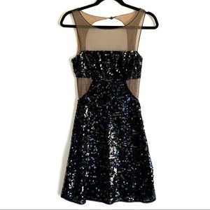 BCBGMaxAzria Sequin Mesh Cutout Black Dress Prom Wedding Evening NYE Mini